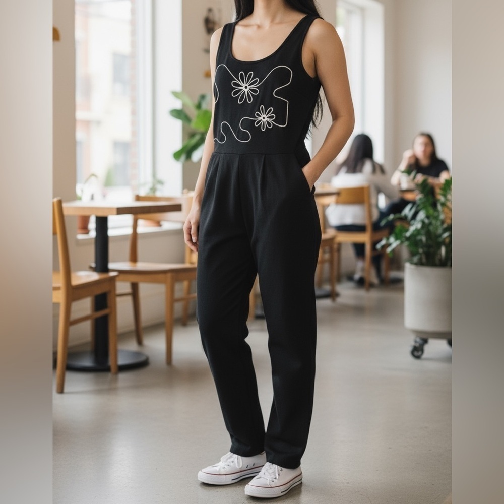 Vintage PG Collections Designed by Ginger Bort Womens Jumpsuit Black Embroidered